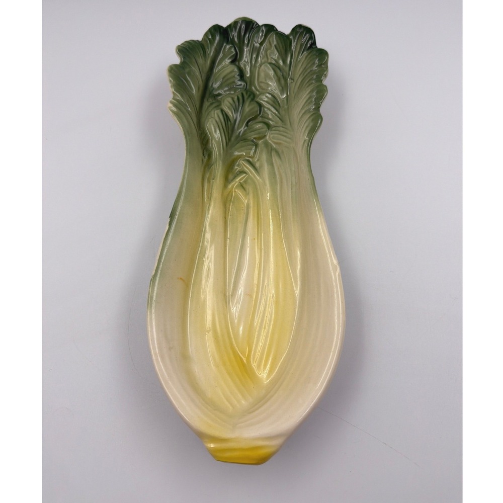 Vintage Majolica Ceramic Bok Choy Leaf Serving Dish Platter Green Yellow 10.5"